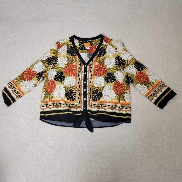 Ruby Road PXL Tie Front Blouse 3/4 Tab Sleeve V-Neck 6 Button Front Tropical - Picture 3 of 16